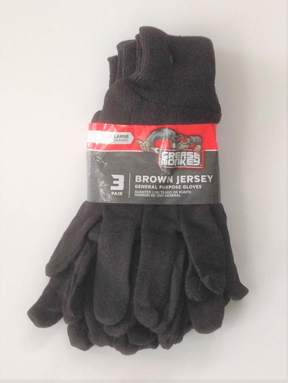 Grease Monkey Brown Jersey Gloves (LG), General Purpose (25538) - Pack of 3 Pairs